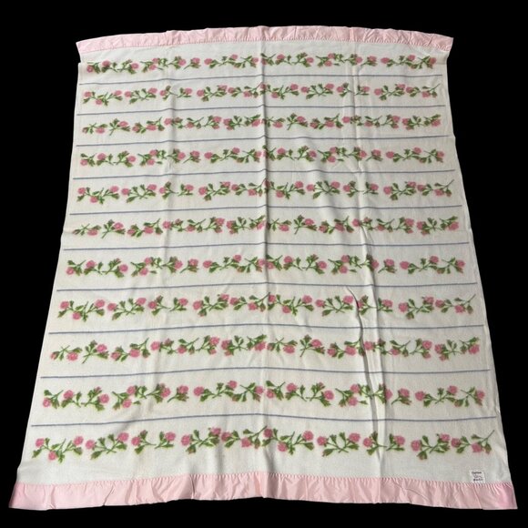 Vintage Chatham Purrey Blanket Pink Moss Roses Stripes 1950s Satin Style Trim - Picture 2 of 11